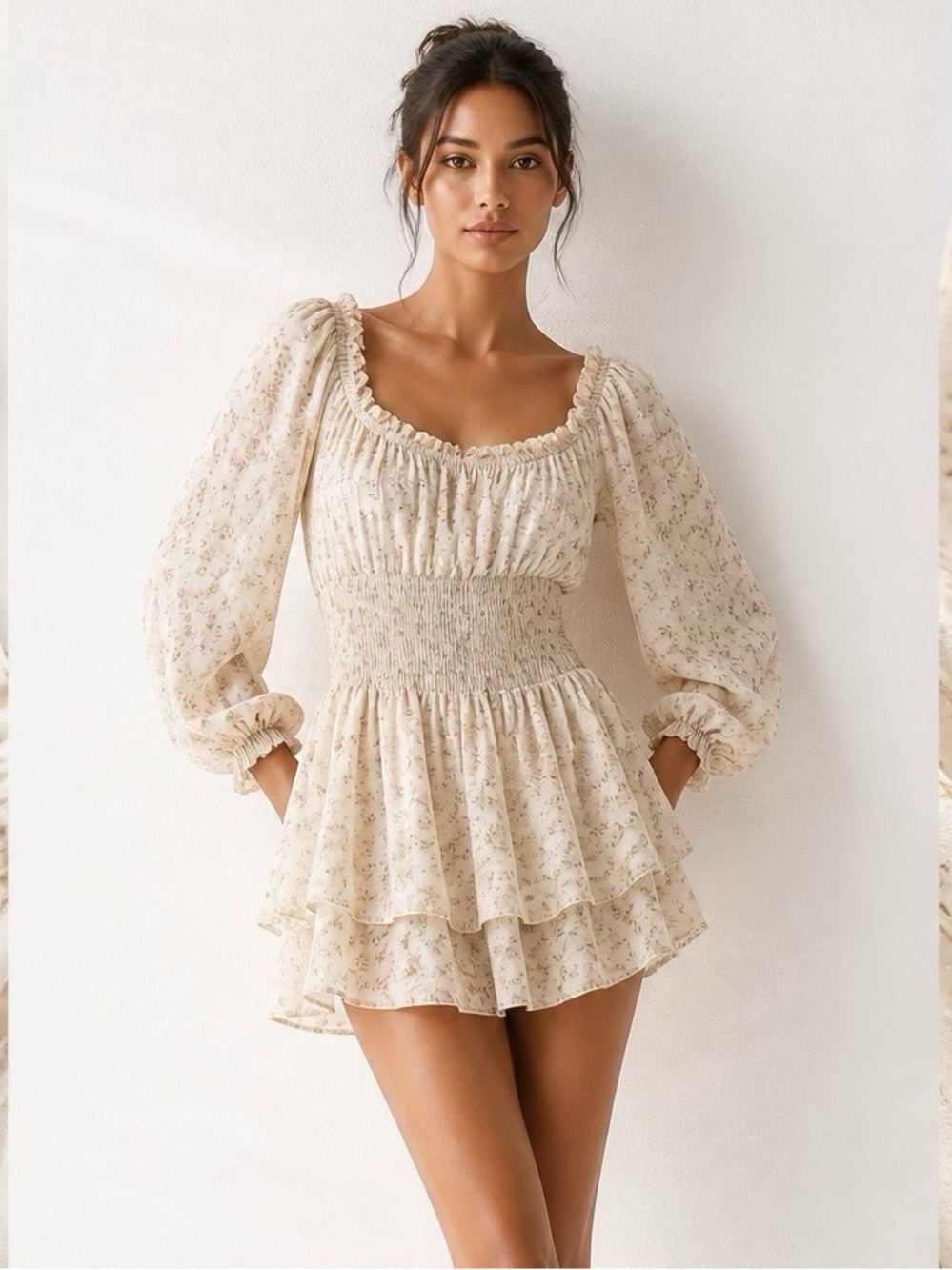 American Eagle Outfitters Cream Floral Tiered Ruffle Short Romper with 3/4 sleev